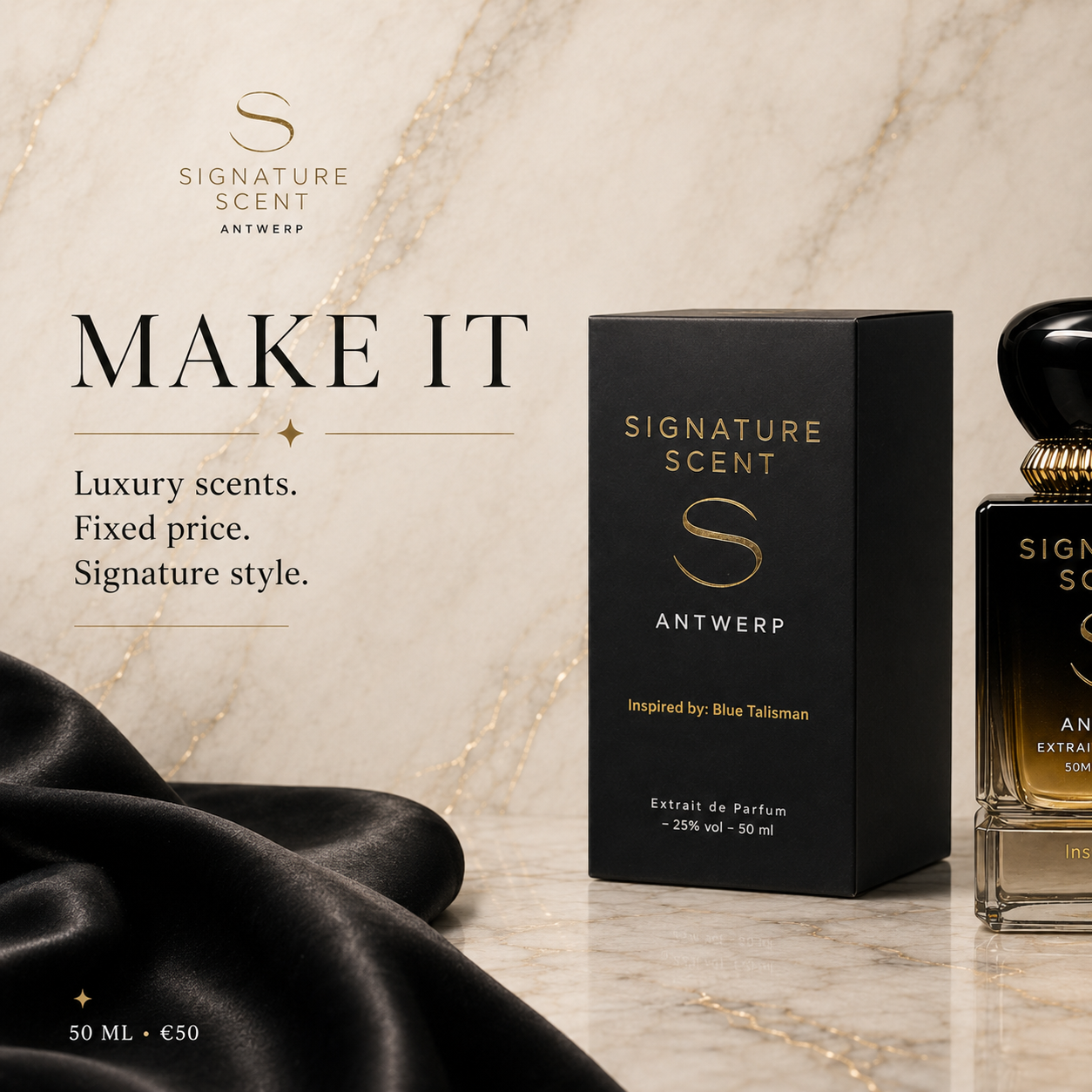 Signature Scent Antwerp parfum met eigen verpakking in crème en zwart