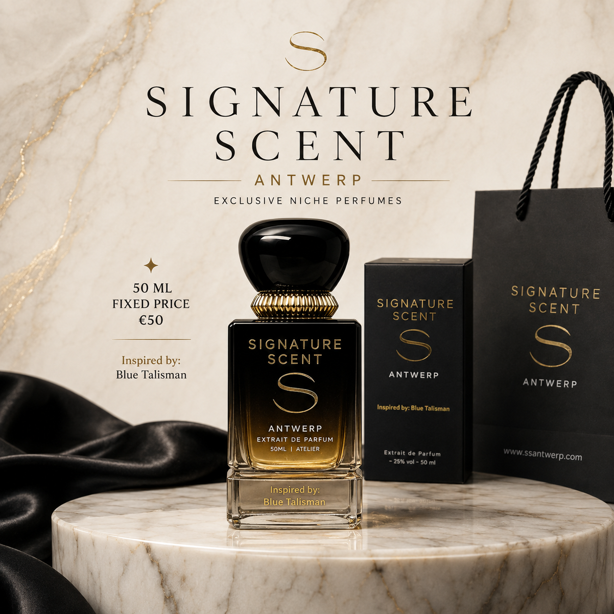Signature Scent Antwerp parfumfles met zwarte verpakking op marmer