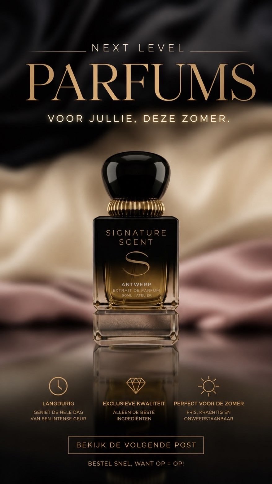 Signature Scent Antwerp parfumfles in een luxe satijnen setting